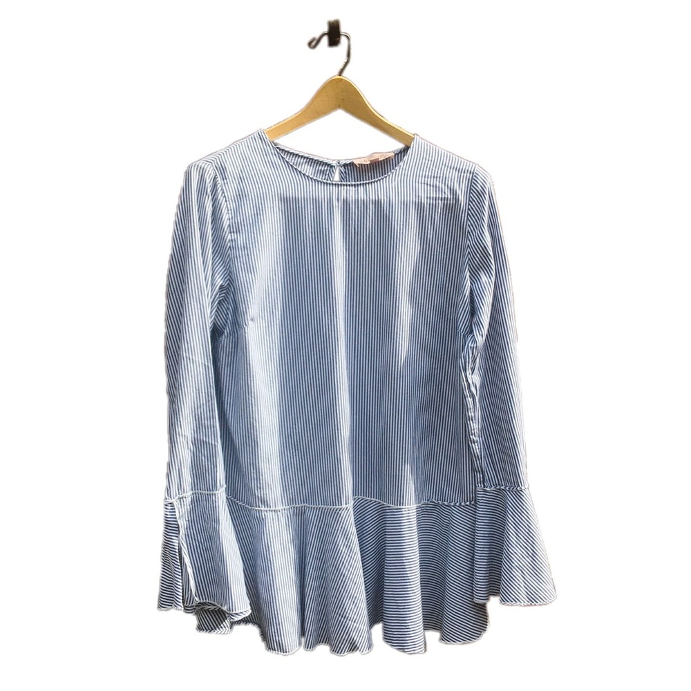 Philosophy Republic Striped Blouse Peplum Hem + Sleeves Blue And White Size 8